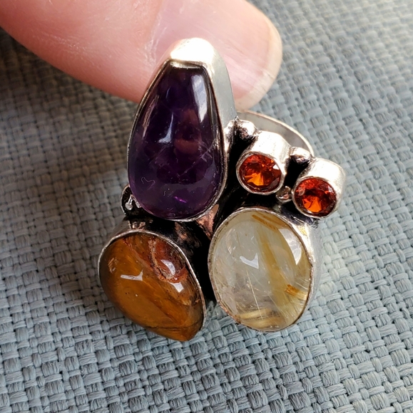 New Amethyst, Golden Rutile, Tiger Eye and Garnet 925 Silver Ring. - Picture 10 of 15
